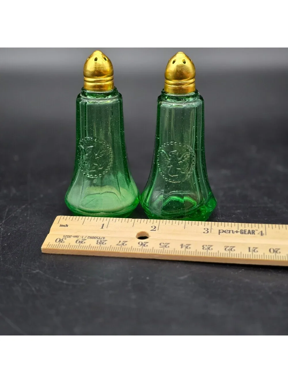 Vintage 1966 Crownford China Co. Green Pressed Glass Salt & Pepper Shakers Italy